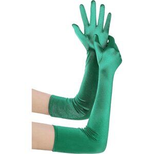 Women's Green Vintage Satin Long Gloves Party Tea Costume Stretchy Elbow Length